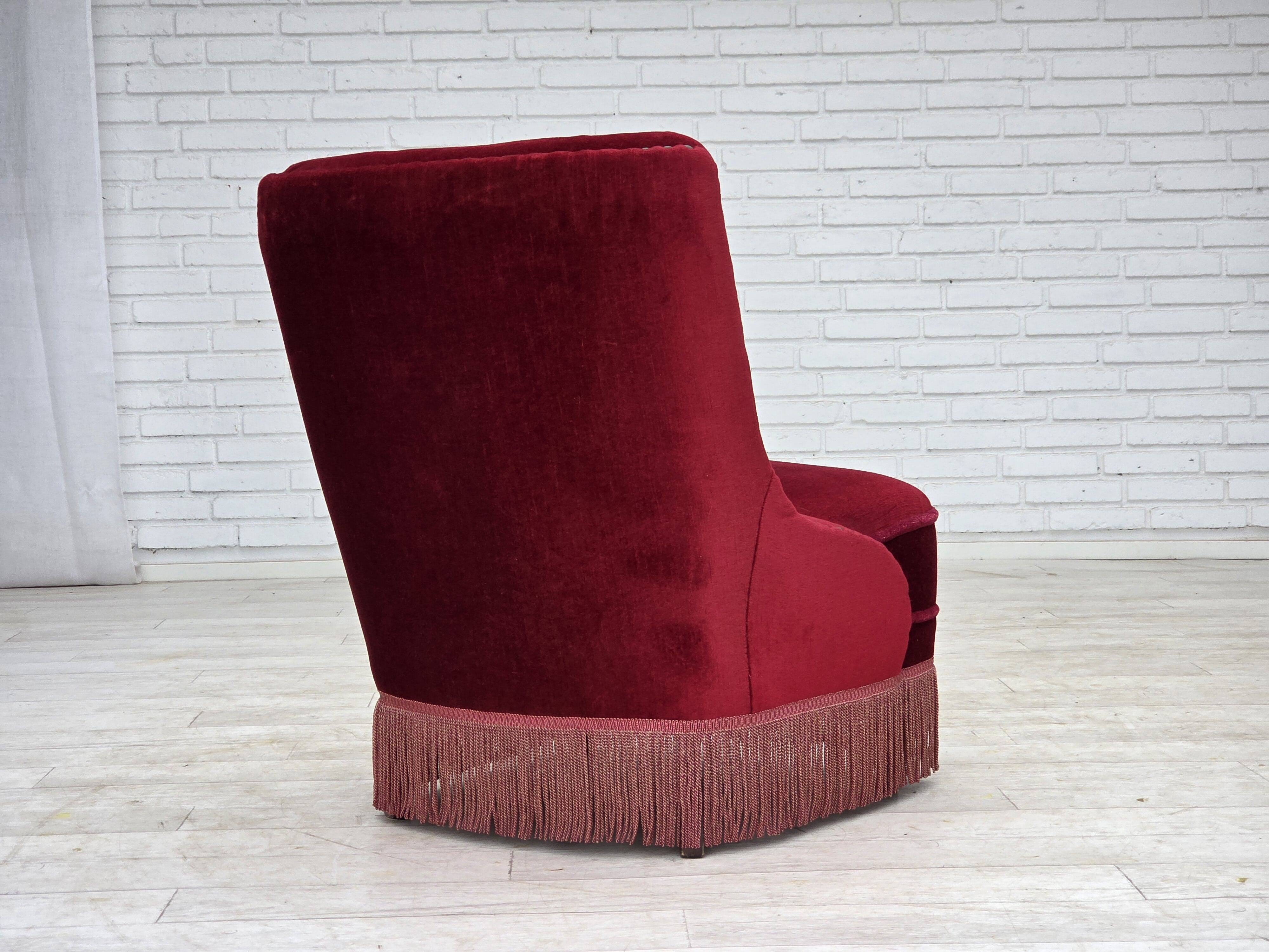 1960s, Danish armchair, original red furniture velour, beech wood legs.