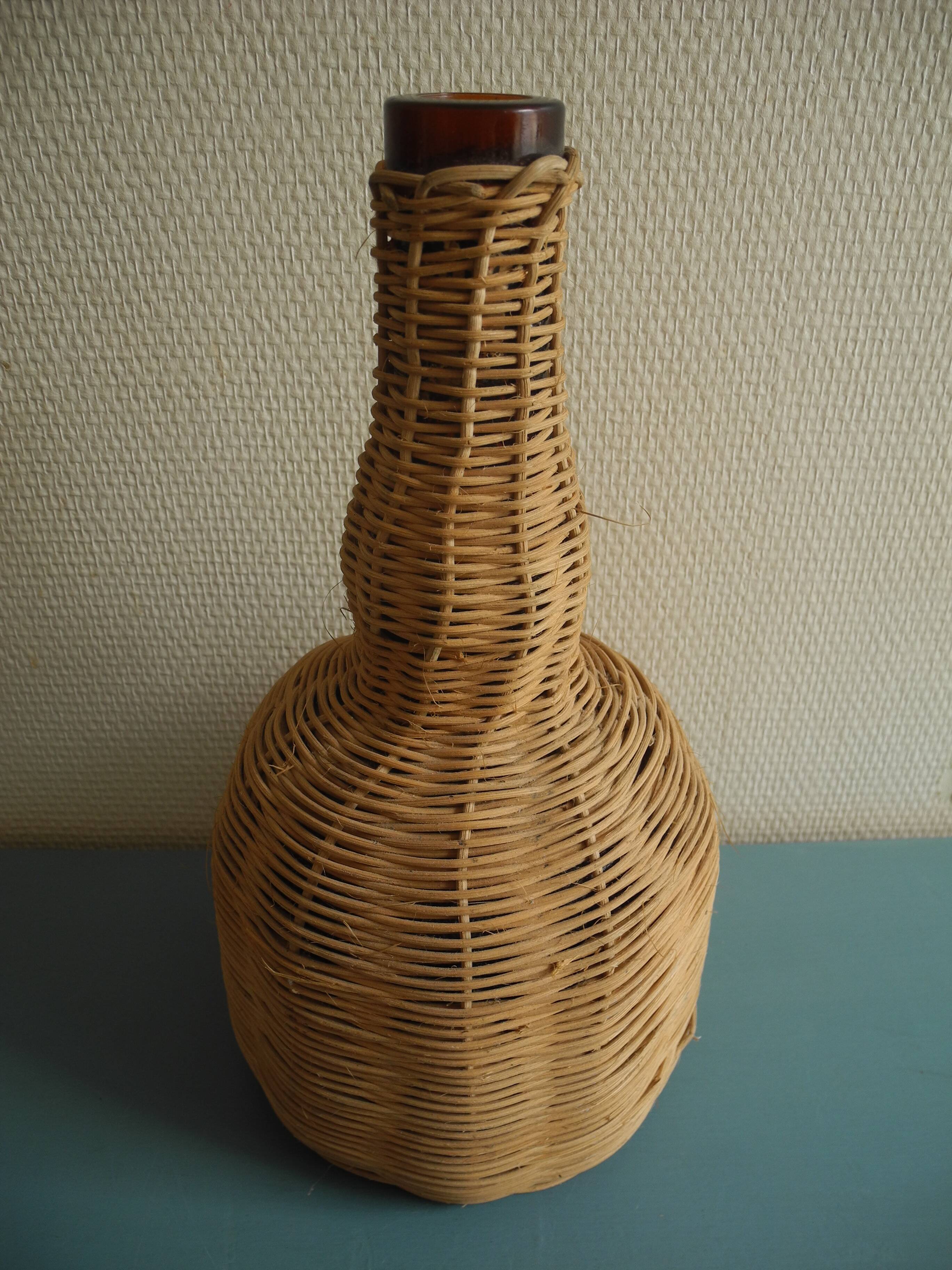 old amber glass bottle VB wicker vintage deco glass bottle wicker