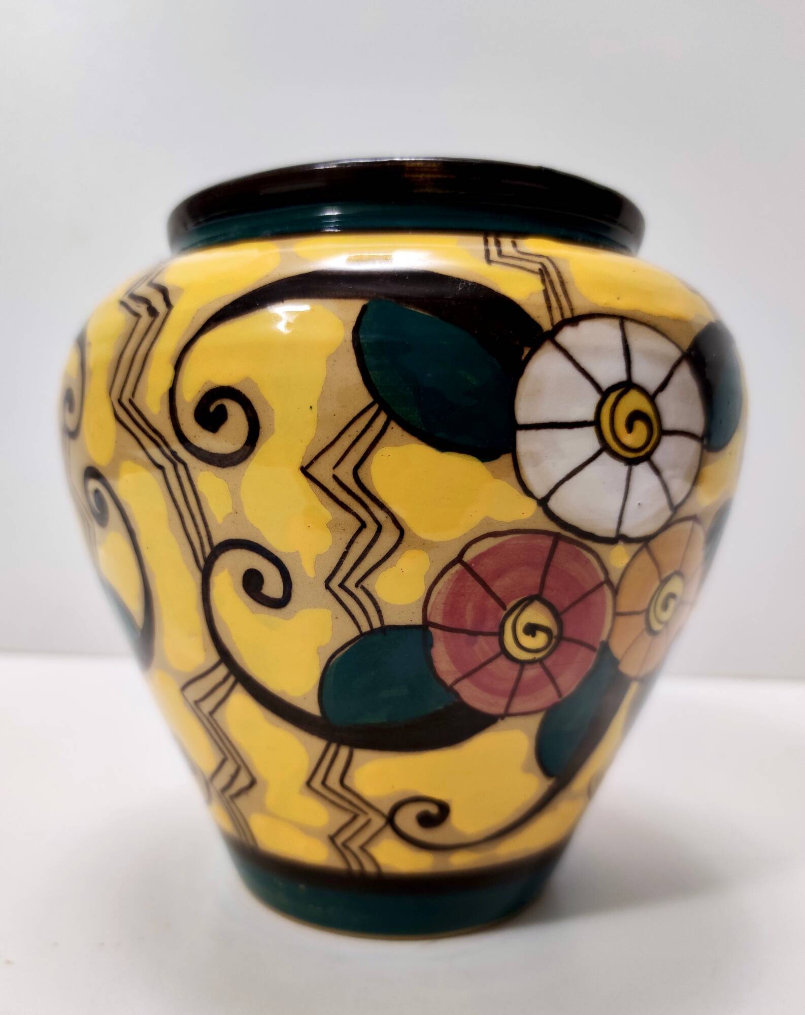 Futurist Yellow Glazed Earthenware Vase with Floral Motifs, Italy