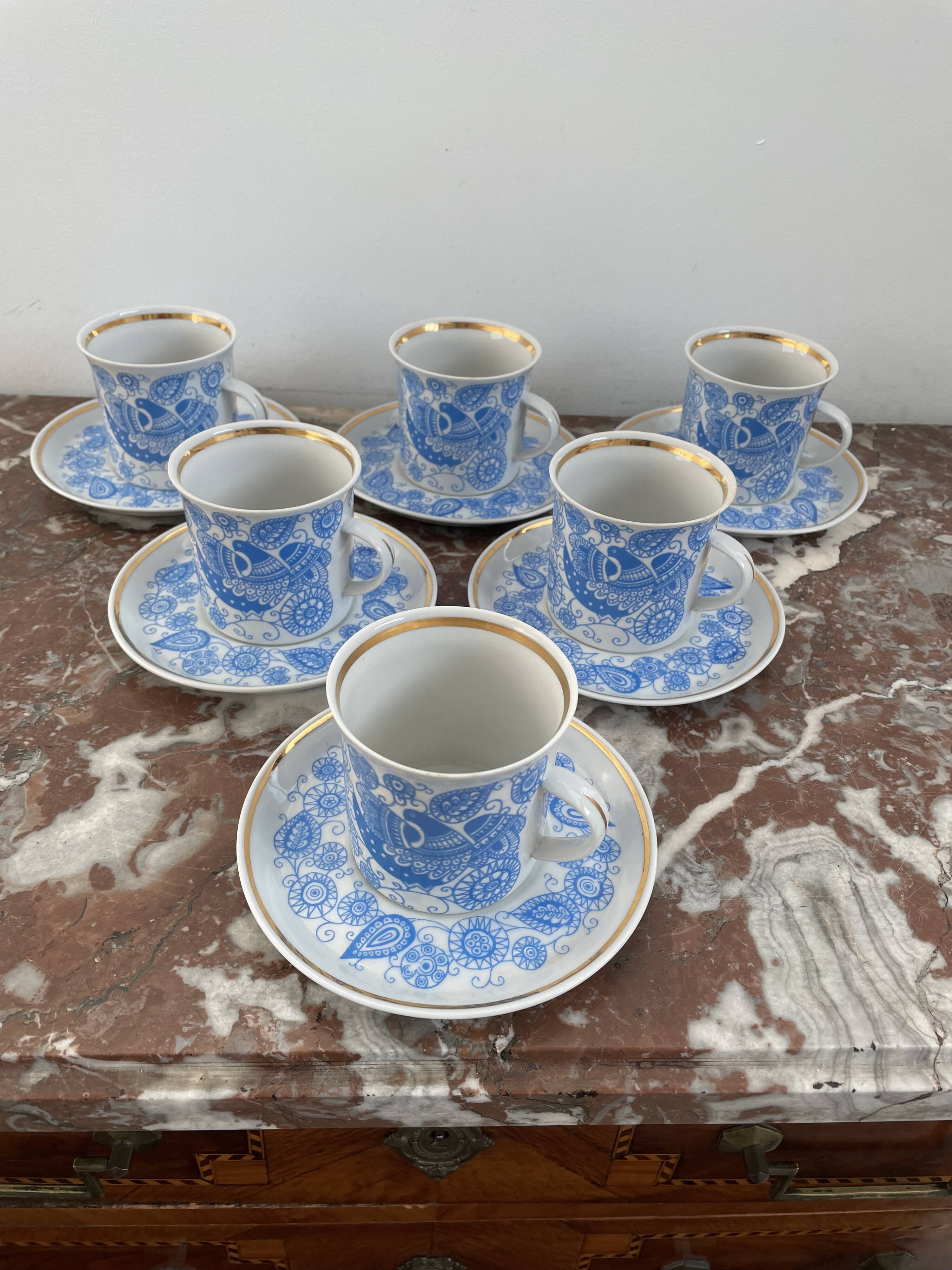 Coffee and tea set, vintage, stylized bird decor, retro, design, blue