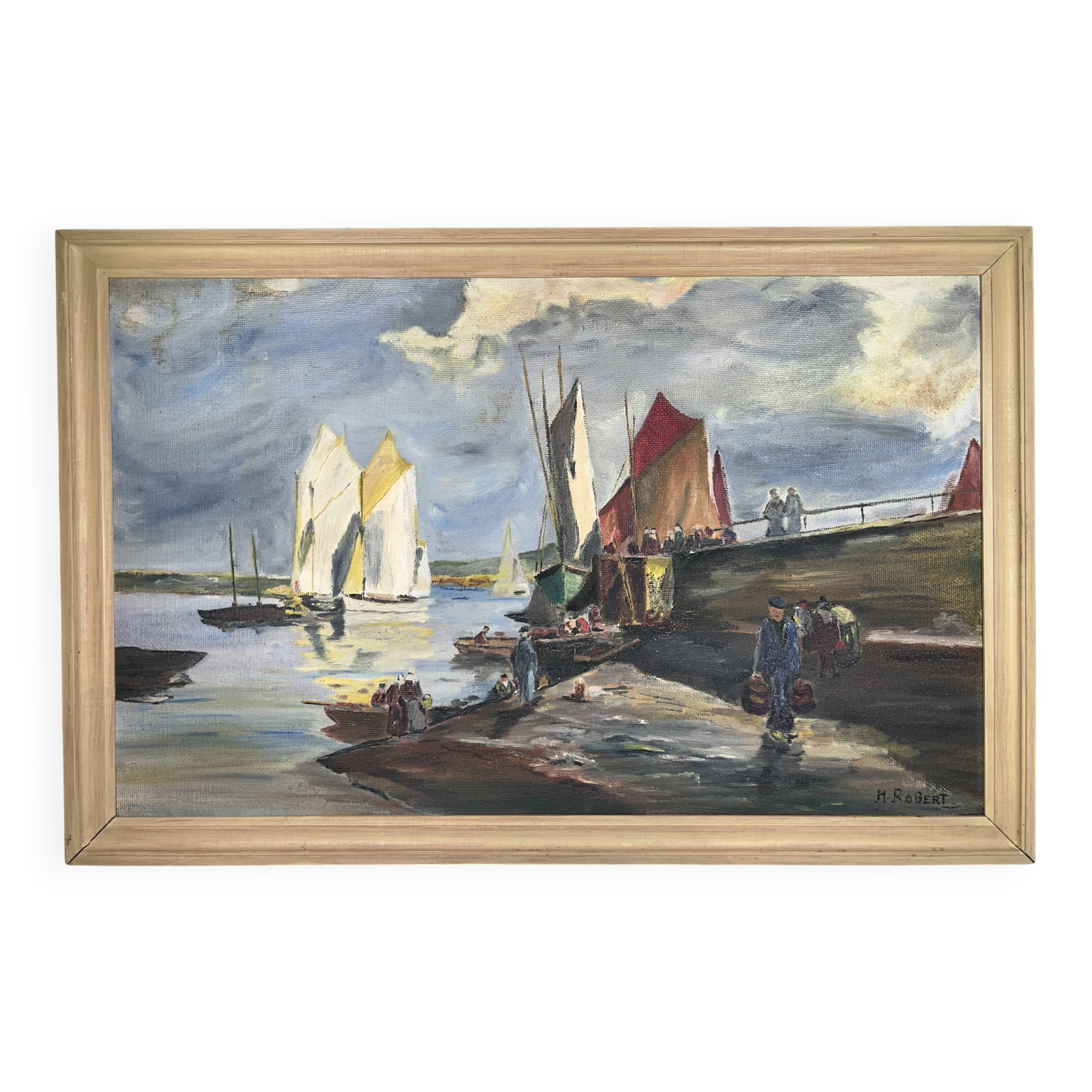 Seascape "Return from fishing" Morbihan - M Robert - oil on panel