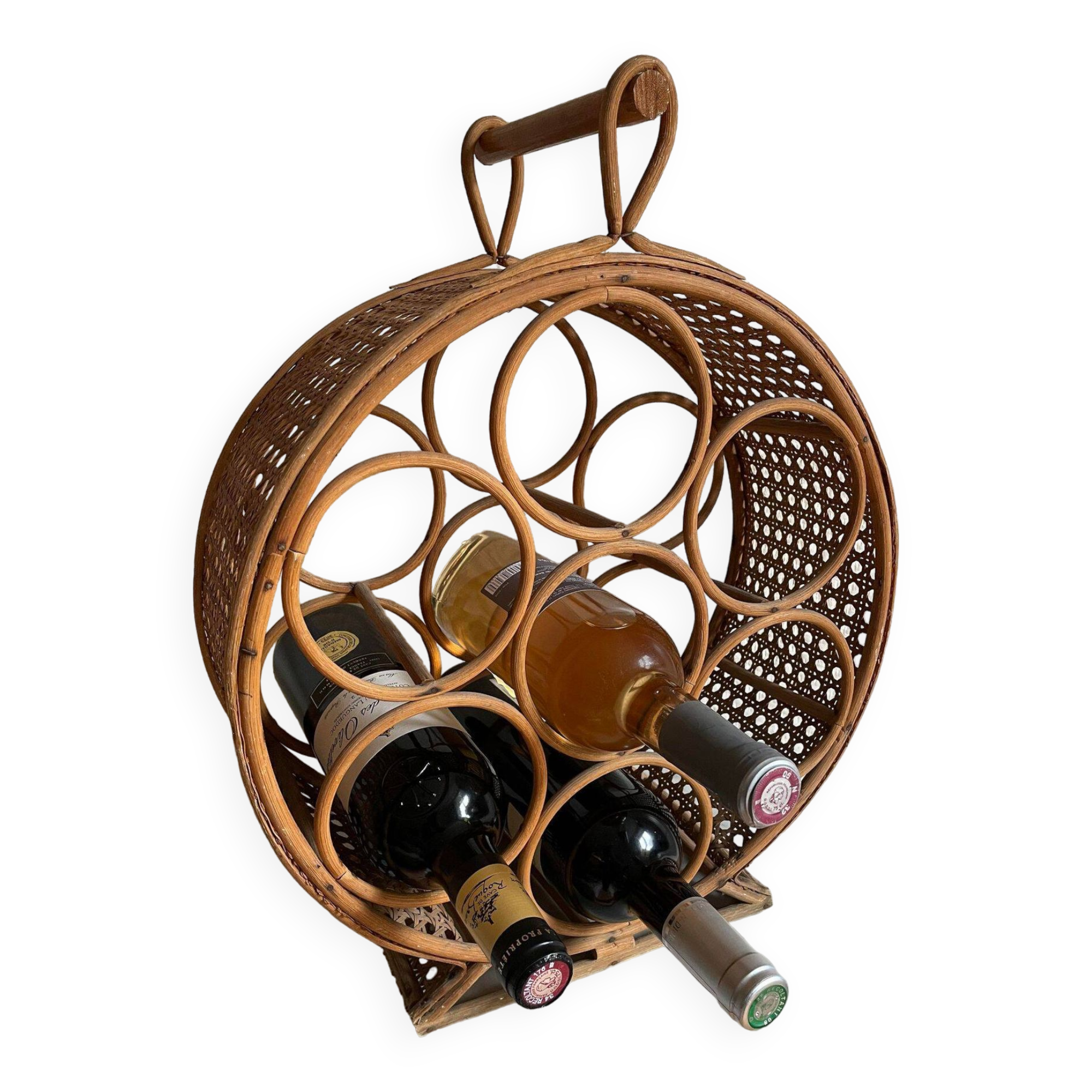 Rattan bottle holder, wood, vintage canework