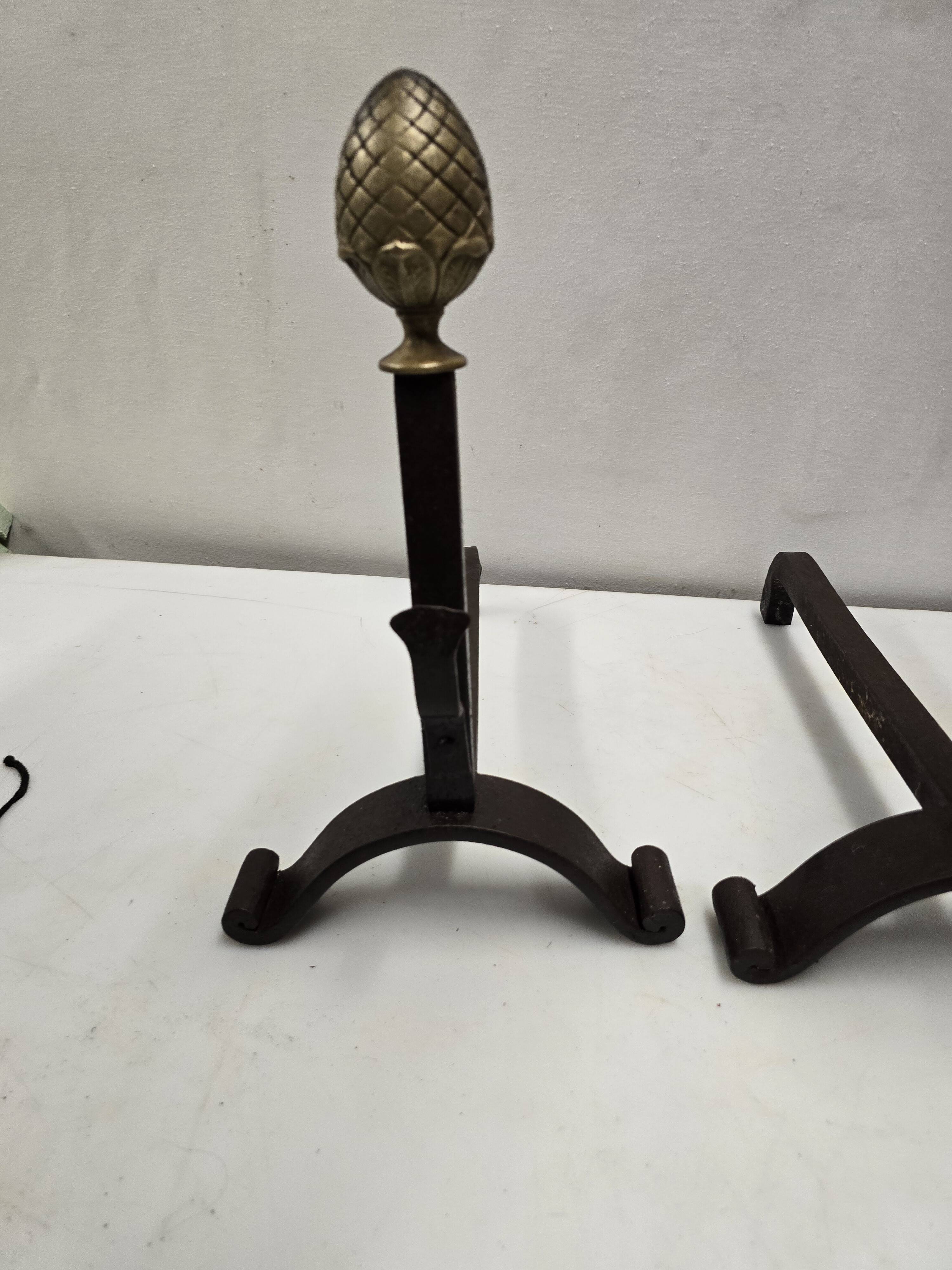 Old pair of wrought iron and bronze andirons