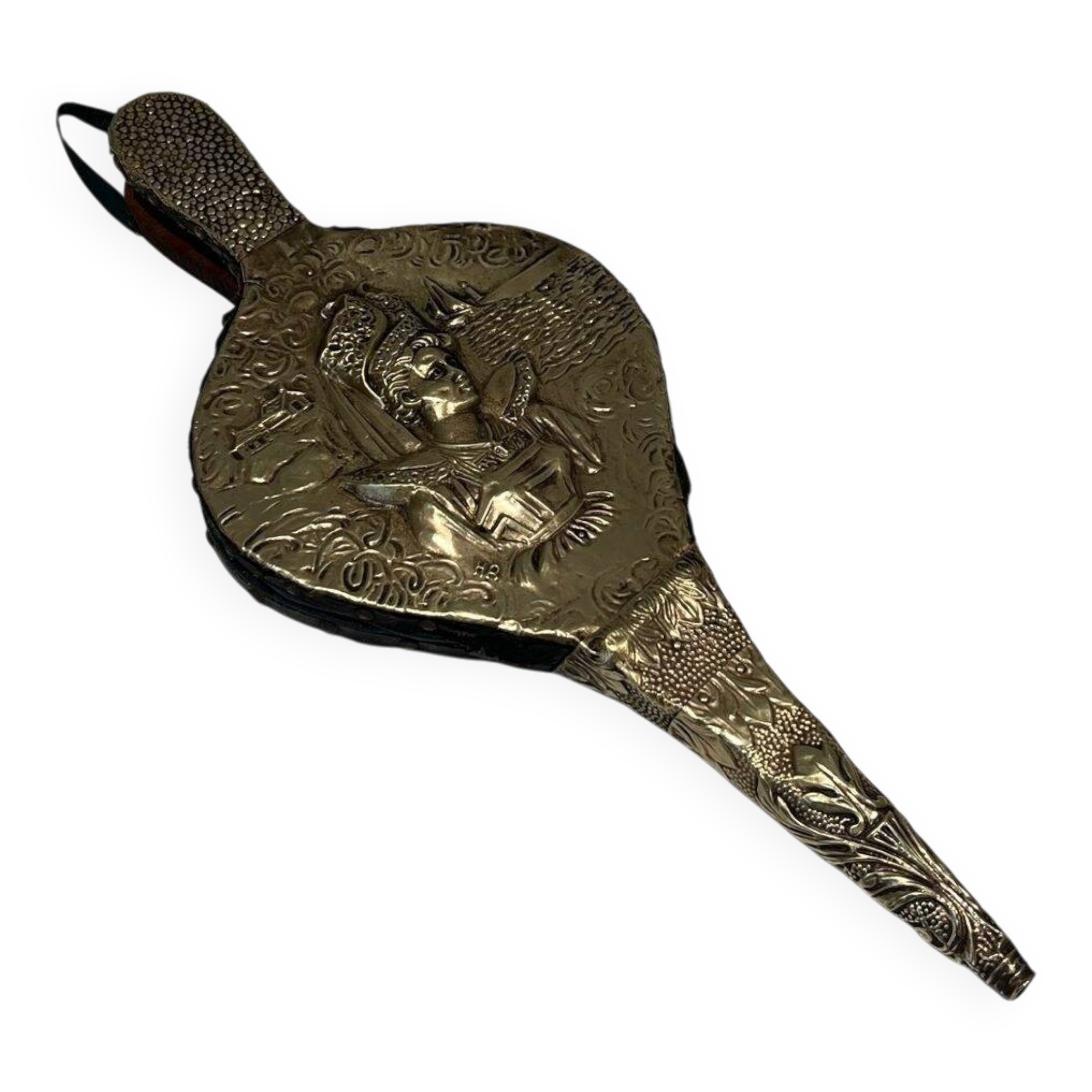 Louis XVI Style Chimney Bellows in Repoussé Brass with Female Effigy