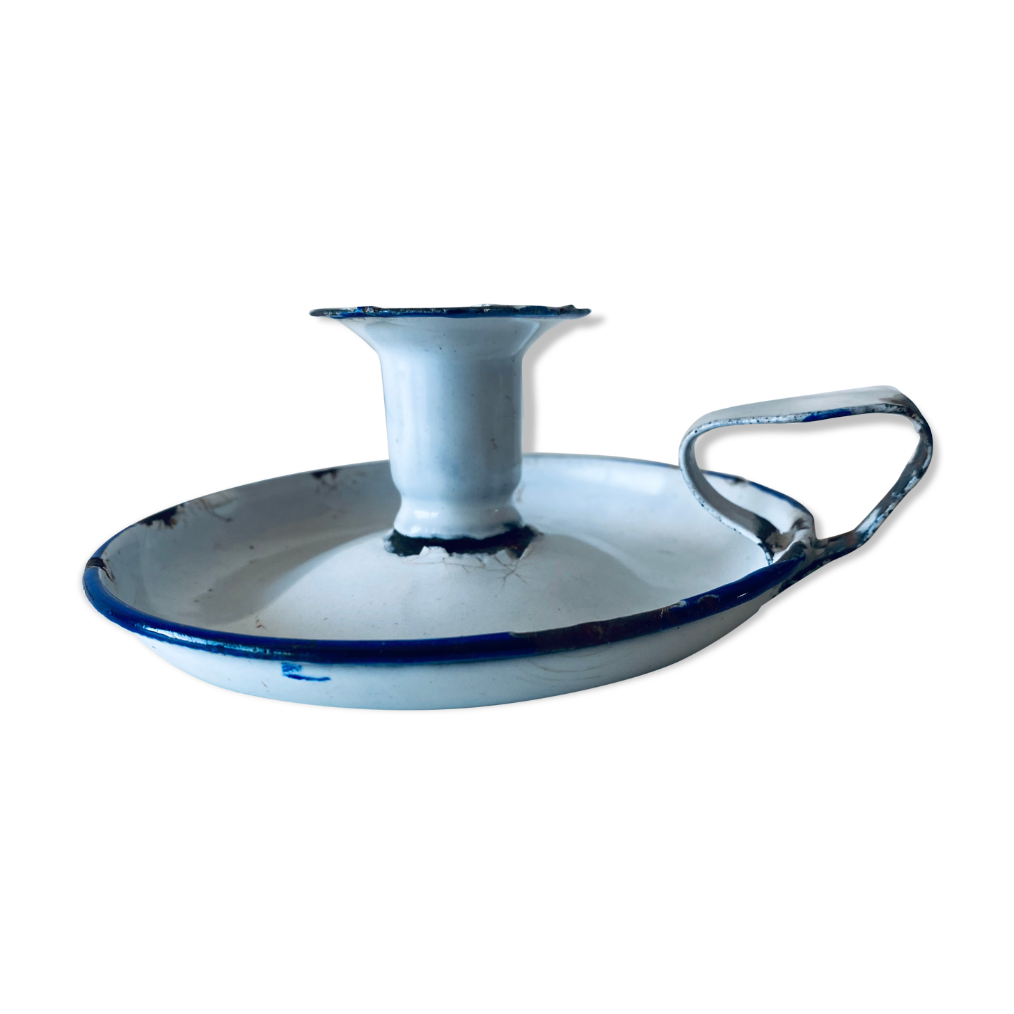 Antique candle holder in white and blue enamelled metal