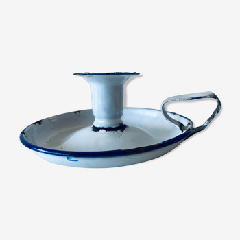 Antique candle holder in white and blue enamelled metal