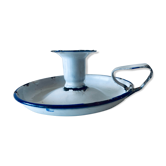 Antique candle holder in white and blue enamelled metal