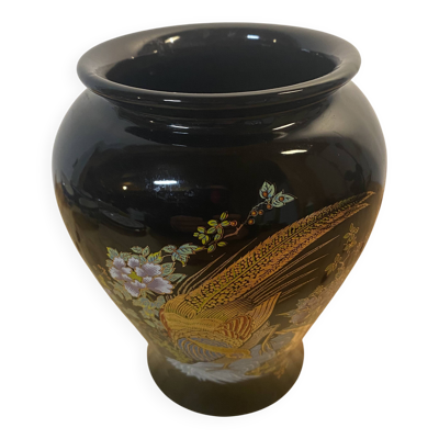 Vase d'inspiration Japonaise noir en céramique • Faisan doré et motif floral •