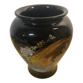 Black Japanese-inspired ceramic vase • Golden pheasant and floral pattern •