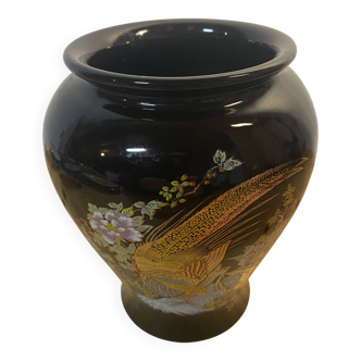 Black Japanese-inspired ceramic vase • Golden pheasant and floral pattern •