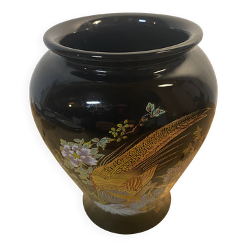 Black Japanese-inspired ceramic vase • Golden pheasant and floral pattern •