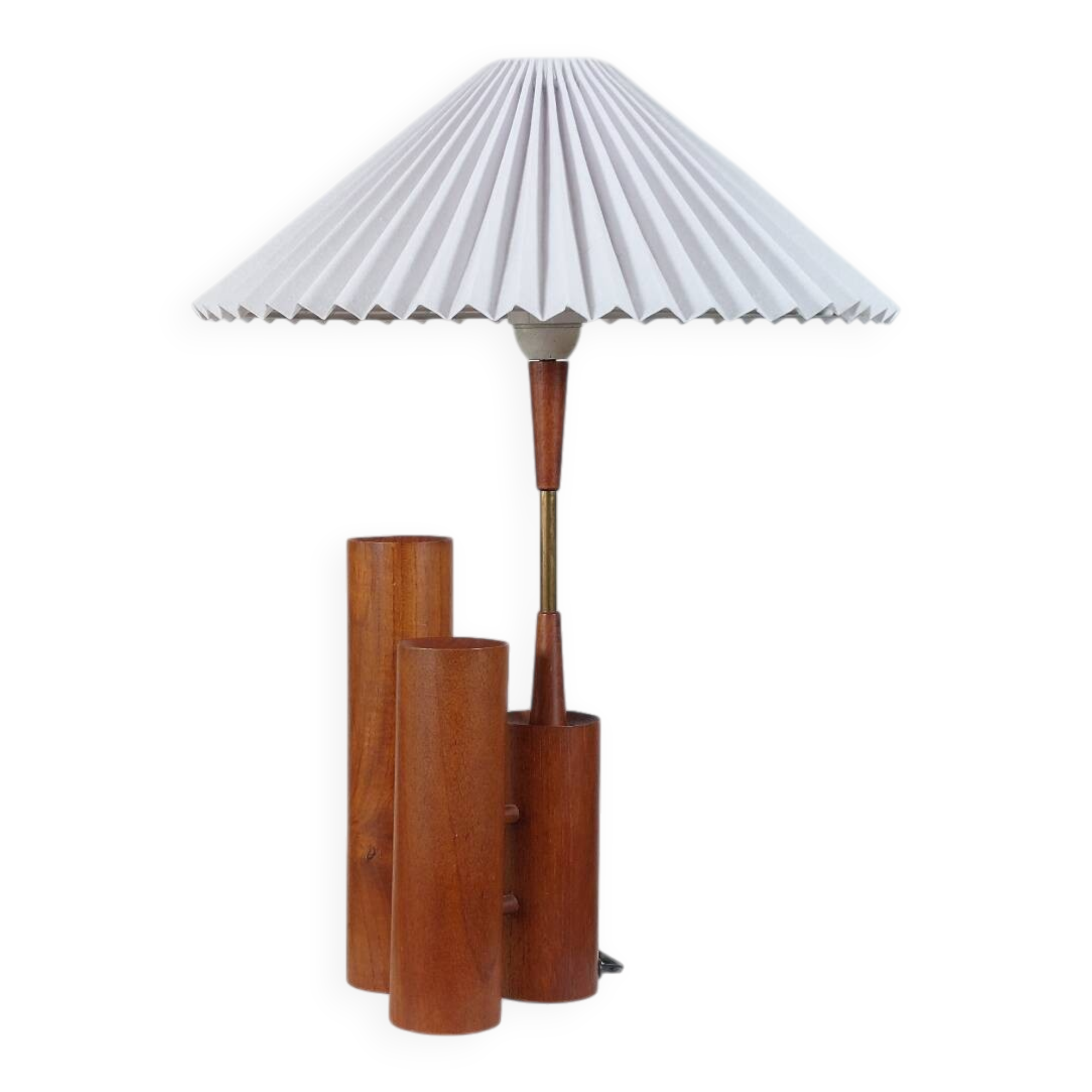 Vintage 50s wooden table lamp with pleated shade.