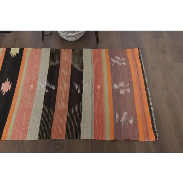 1970s Vintage Turkish Handmade Wool Cotton Orange Kilim Rug 78x254