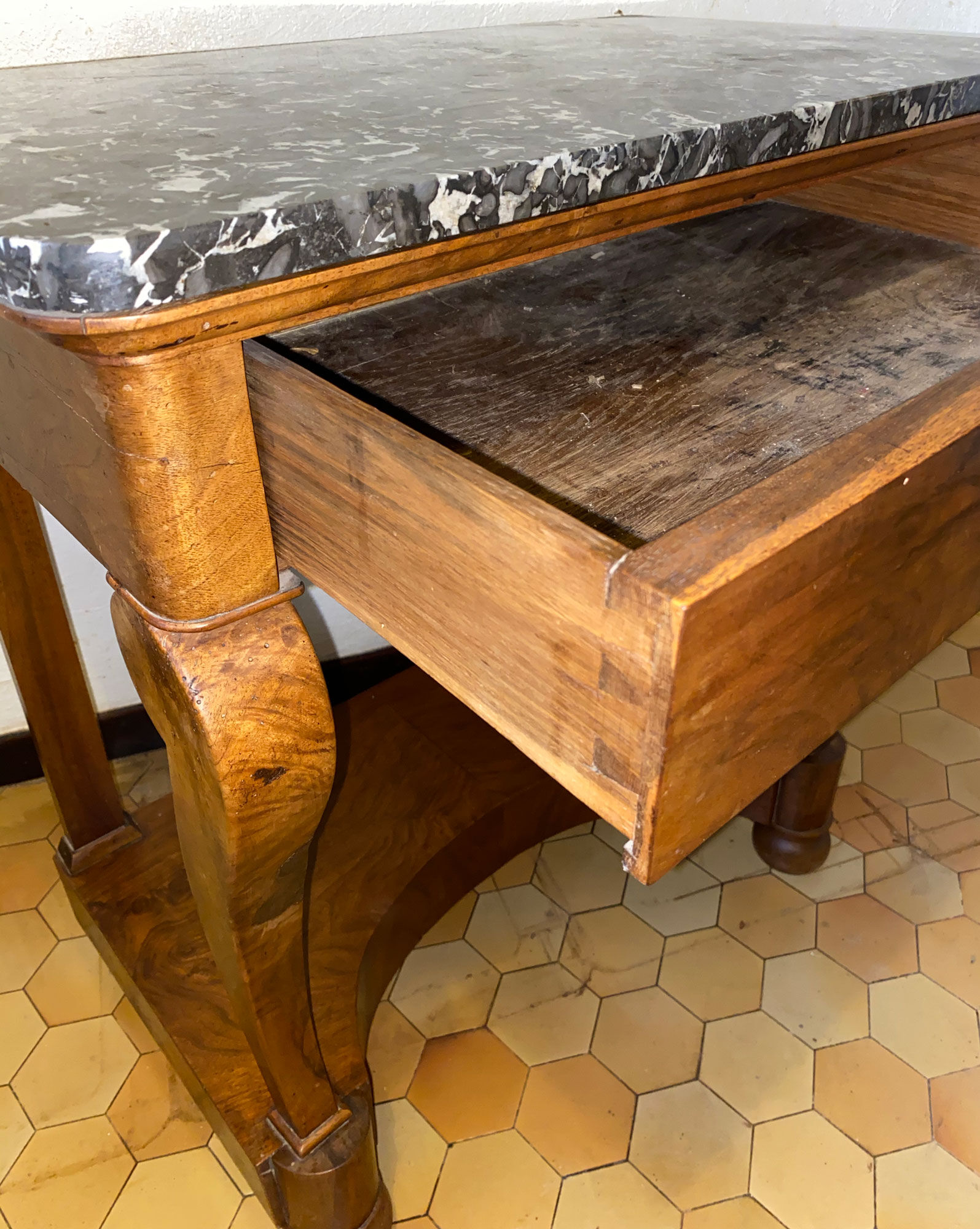 Walnut console and marble restoration tray