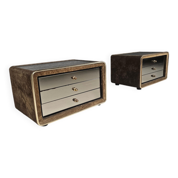 Pair of brass and suede bedside tables by RUF International, 1970.