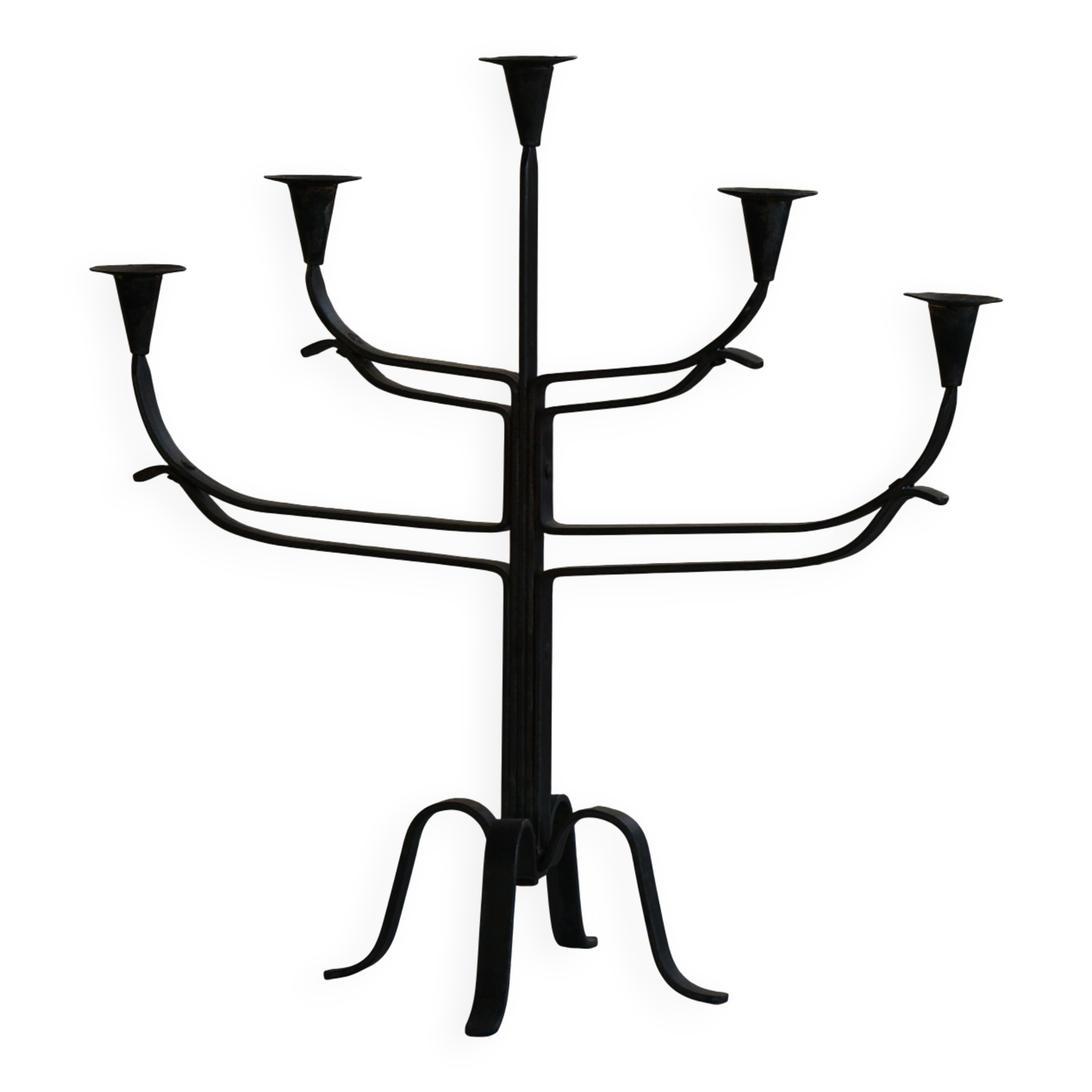 Brutalist Scandinavian candlestick in wrought iron and metal from the mid-20th century.