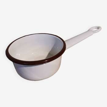 Vintage white brown enameled metal saucepan