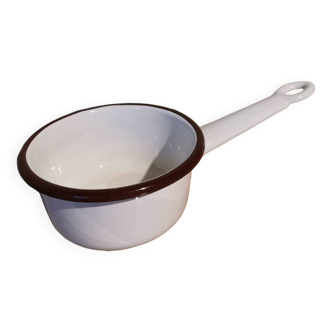 Vintage white brown enameled metal saucepan