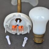 Vintage wall lamp, glass tulip lampshade, brass gooseneck support and blah porcelain