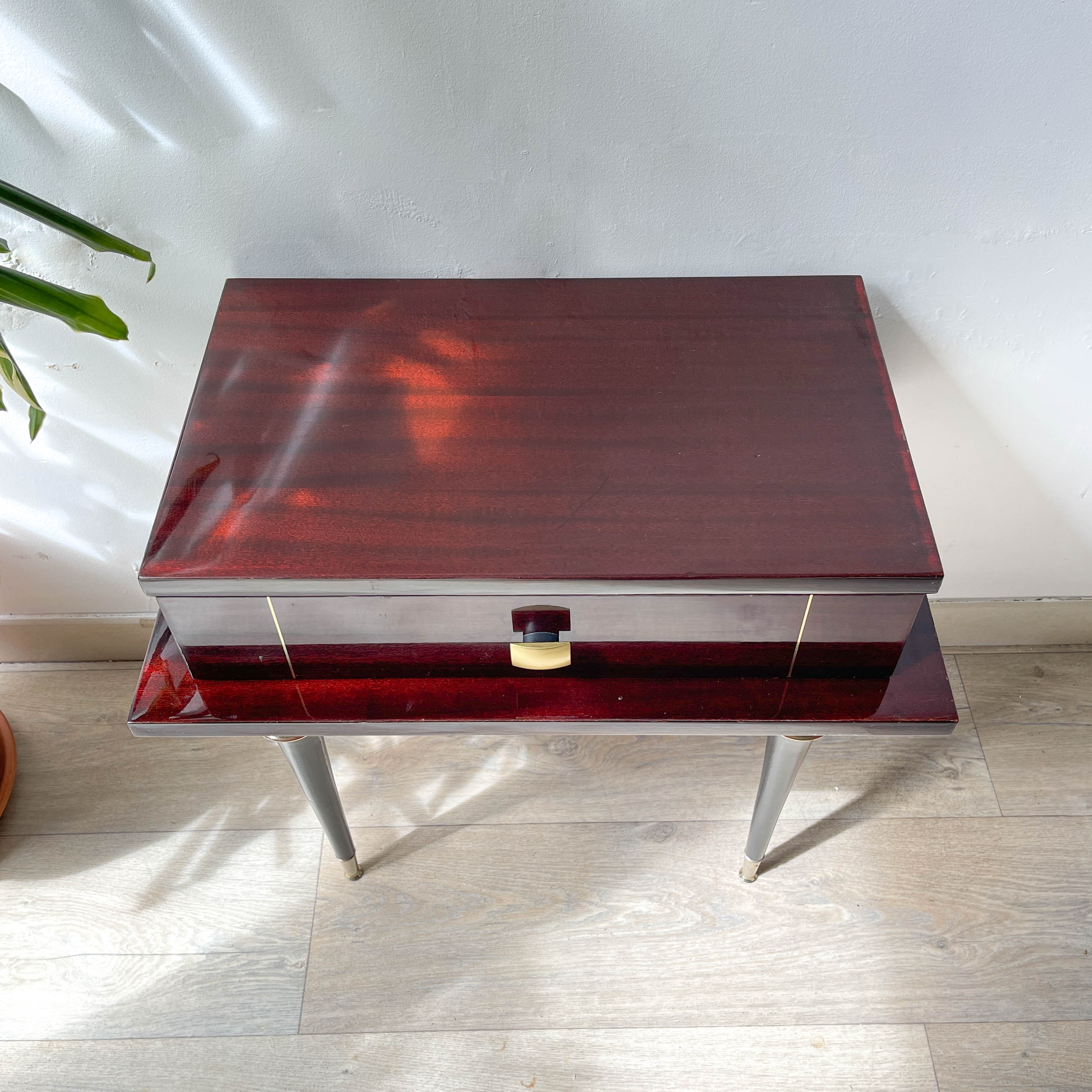 Vintage wood and brass bedside table Art Deco style
