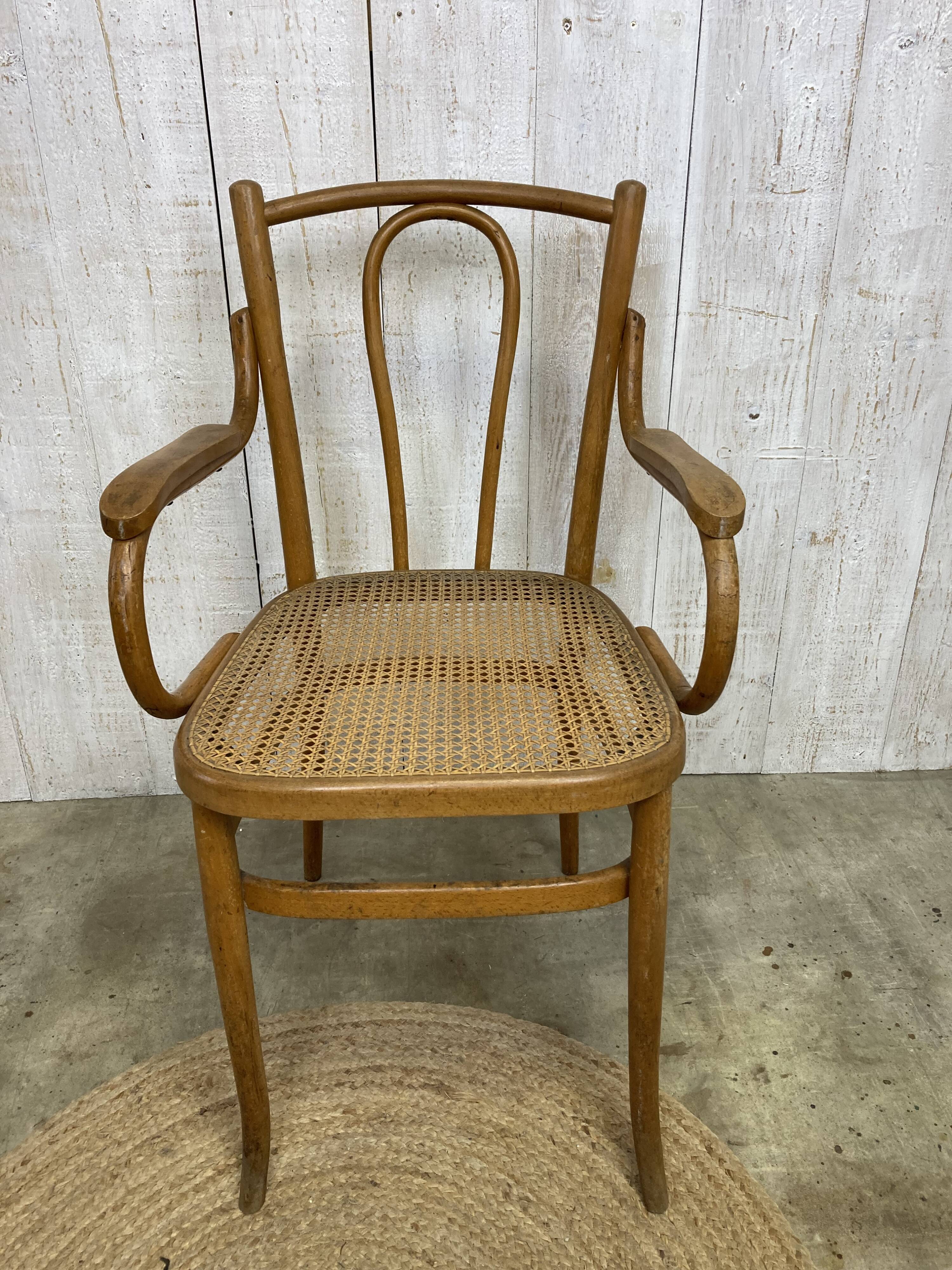 Curved wood and cane armchair