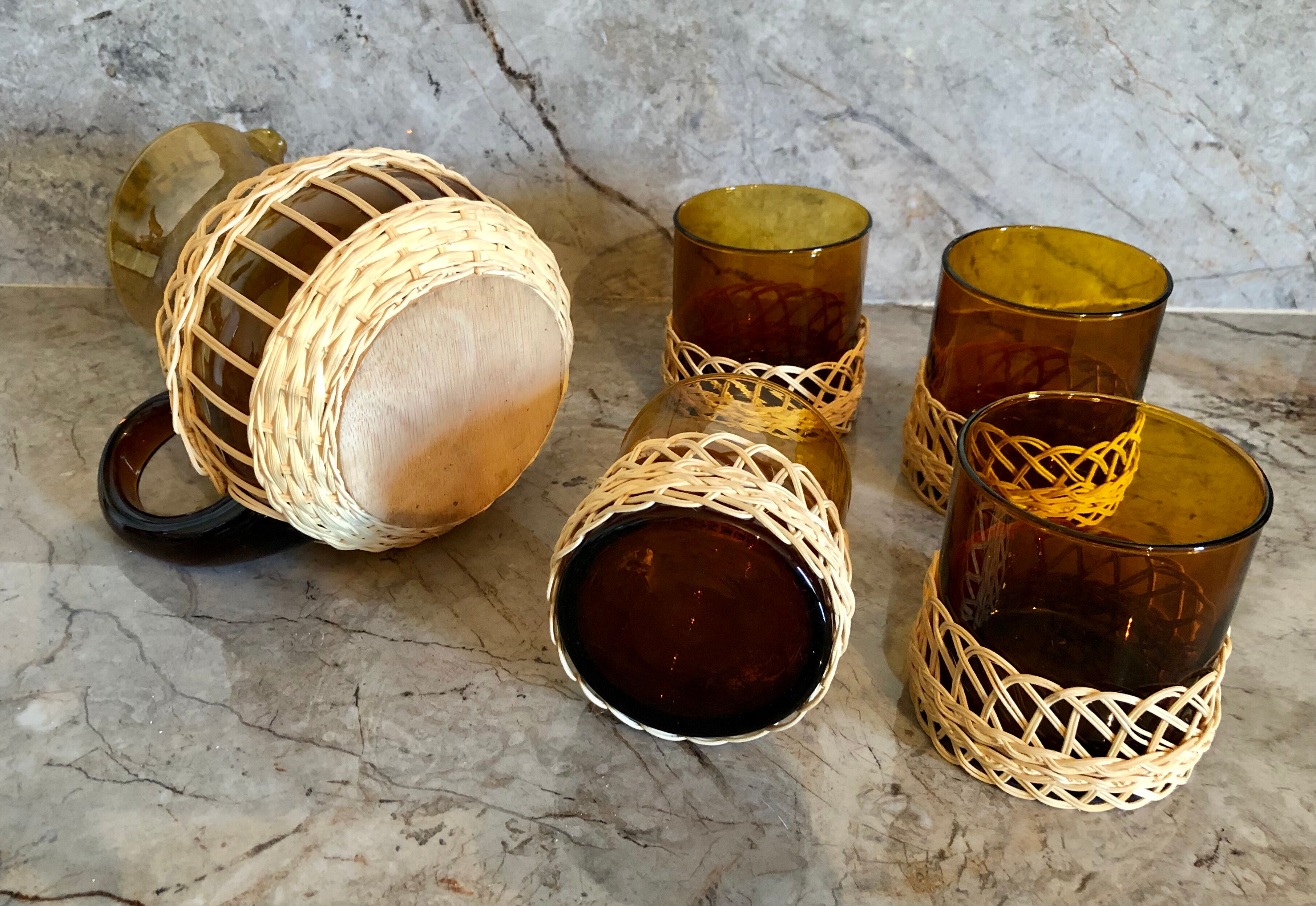 Pitcher and amber glasses and rattan