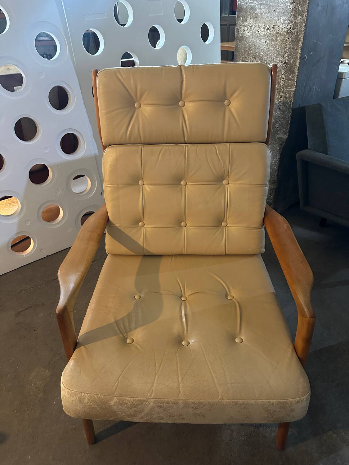 Scandinavian Style Sofa + Three Armchairs Set in Light Wood and Leather