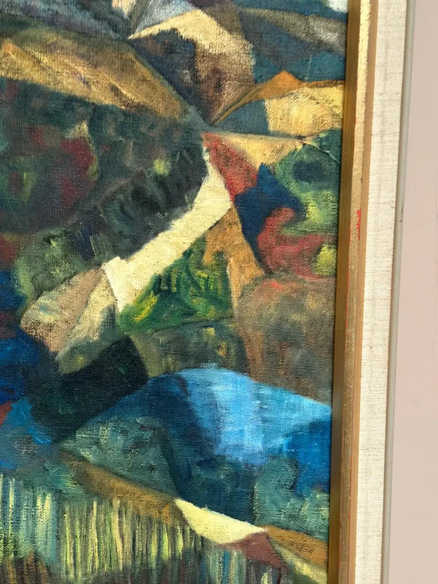 Large Original Swedish Oil on Canvas – “Cubist Landscape” by Kjell Lindberg – Signed – Vintage & Framed