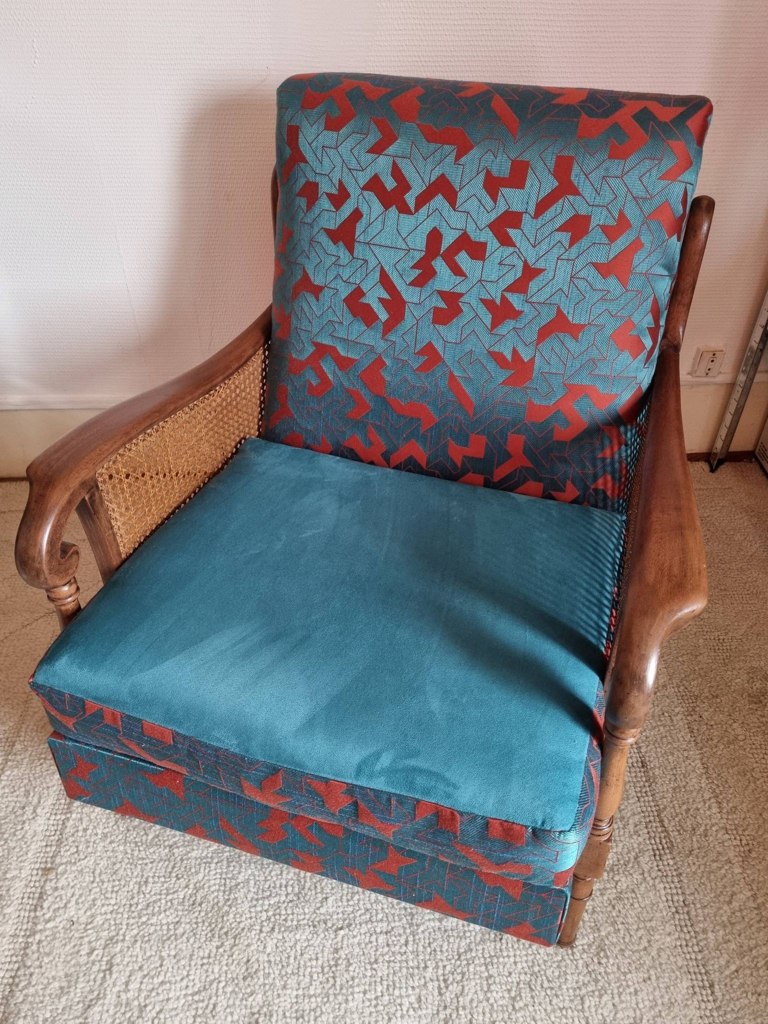 Bridge armchair in wood and cane from the 1950s.