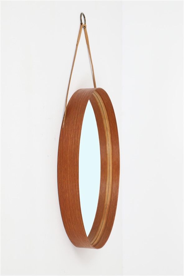 Rare round "#103" wall mirror / teak, leather, brass / by Glas Mäster, Markaryd, Sweden / 1960s / 1970s / Mid-Century Modern Design