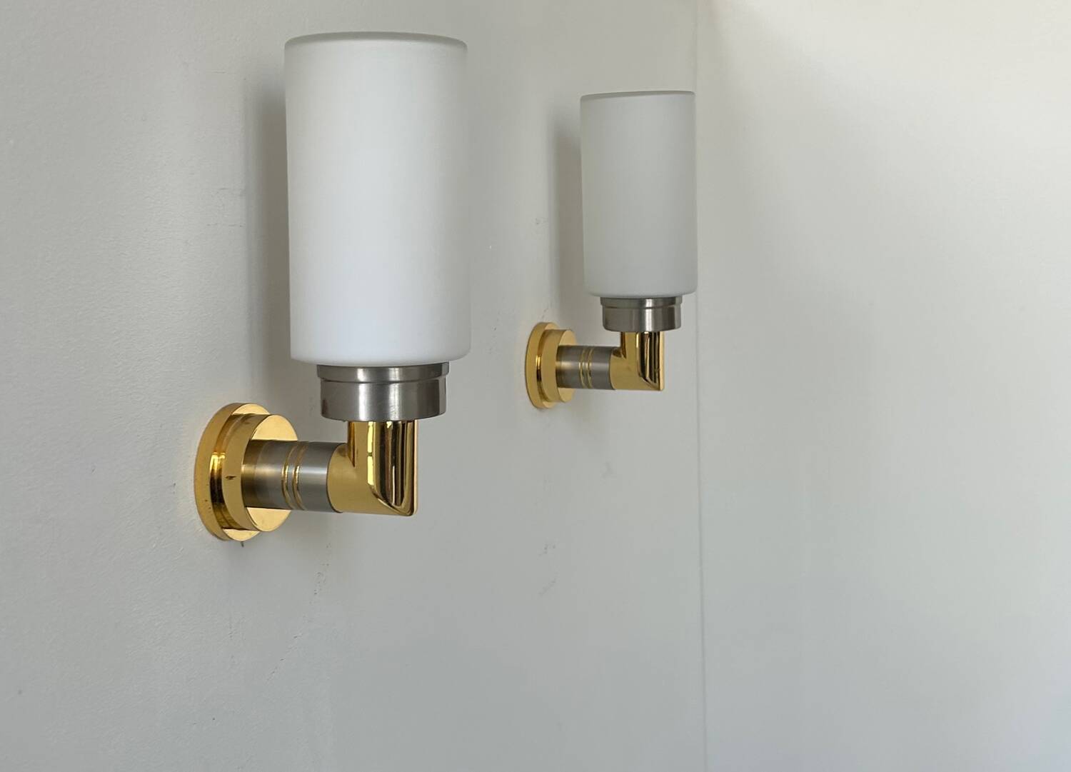 Pair of vintage sconces, opaline brass and steel, Germany 1970