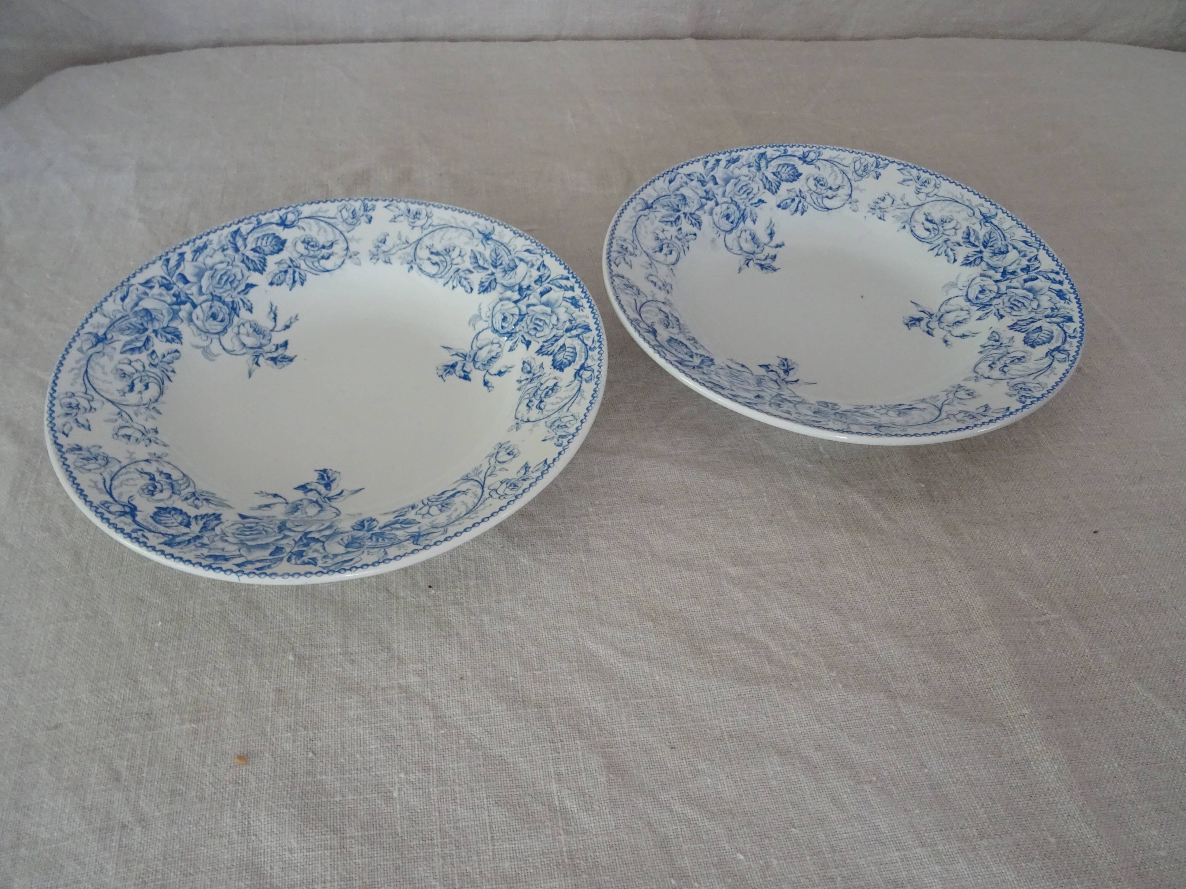 2 Hollow plates Luneville Keller and Guerin decoration blue flowers faience old