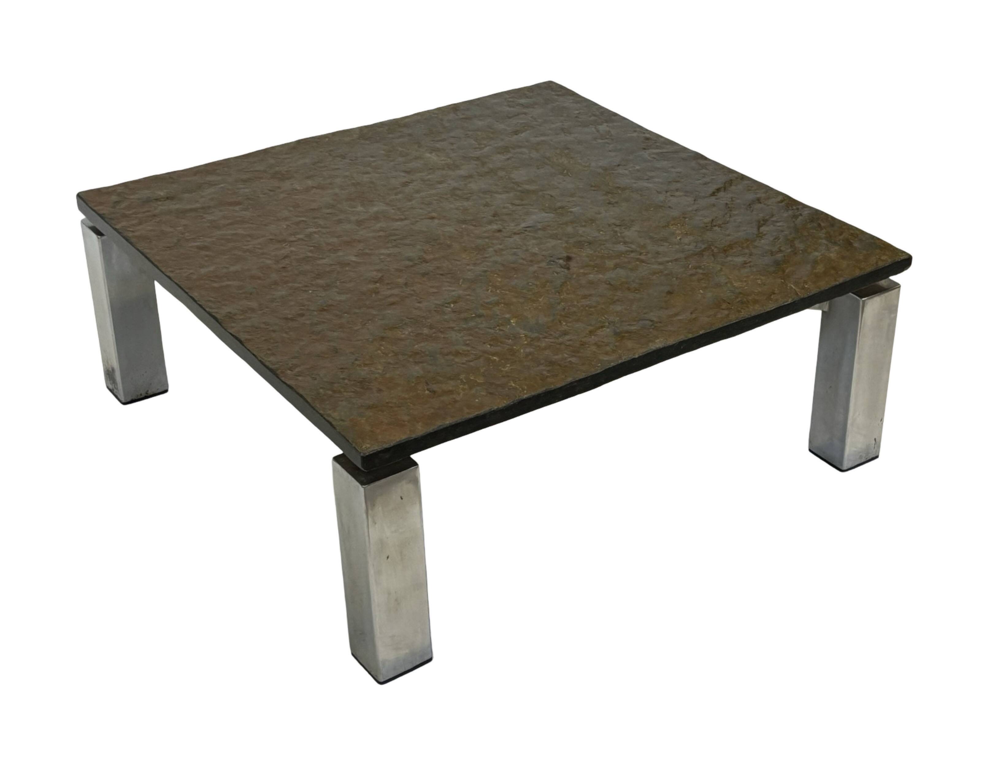 Table basse carrée plateau en pierre et piètement en acier chromé - années 60