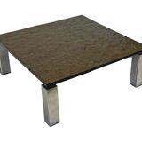 Vintage Square coffee table with slat stone top and chromed steel base - 1960s