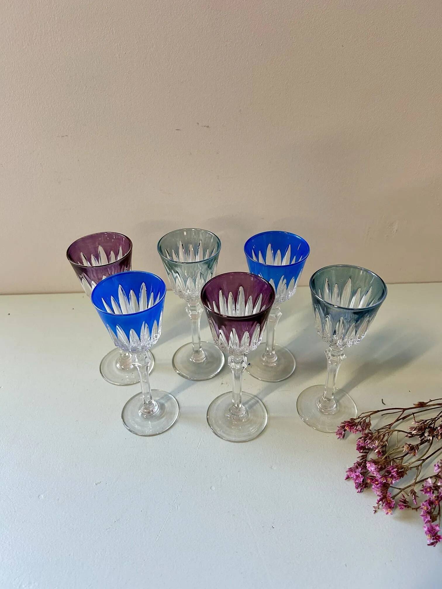 6 antique cut crystal liqueur glasses
