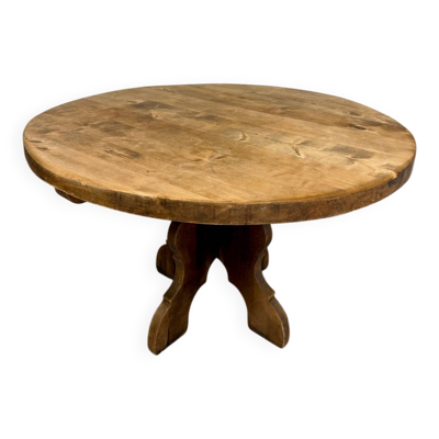 Table ronde en bois massif plateau épais style brutaliste vintage an60
