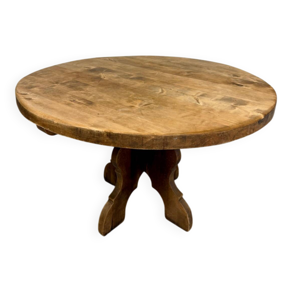 Table ronde en bois massif plateau épais style brutaliste vintage an60