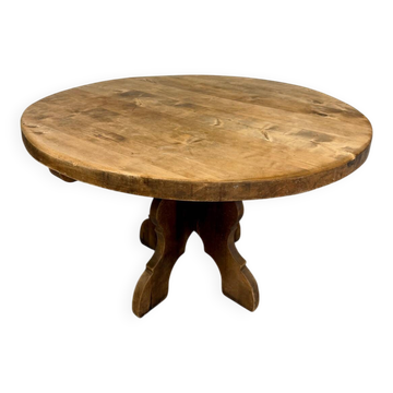 Table ronde en bois massif plateau épais style brutaliste vintage an60