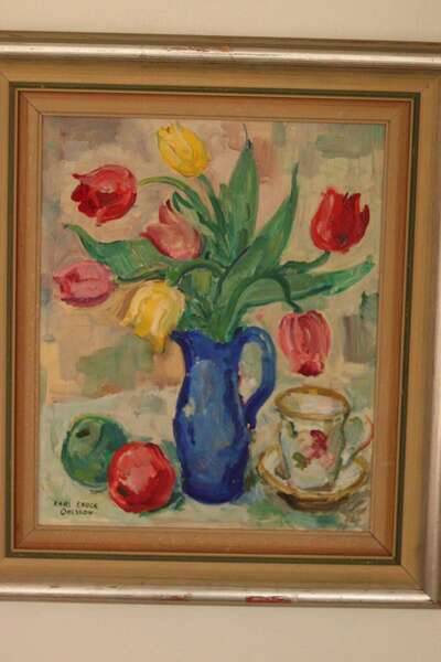 Original mid-century Swedish oil on panel – “Tea” by Karl Enoch Ohlsson – vintage & framed – 56 × 64 cm