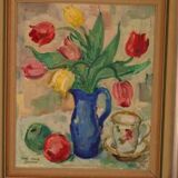 Original mid-century Swedish oil on panel – “Tea” by Karl Enoch Ohlsson – vintage & framed – 56 × 64 cm