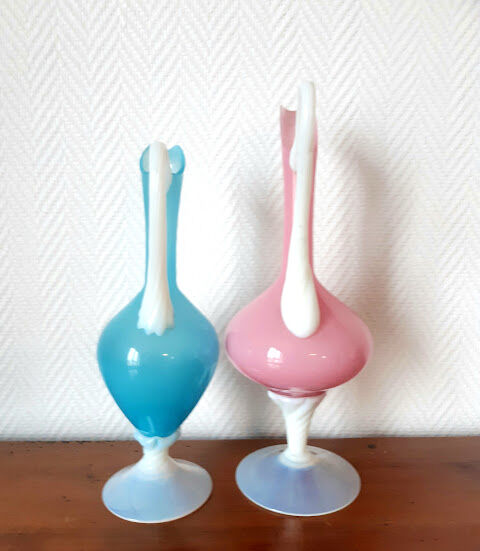Pair of ewers in pink and blue opaline