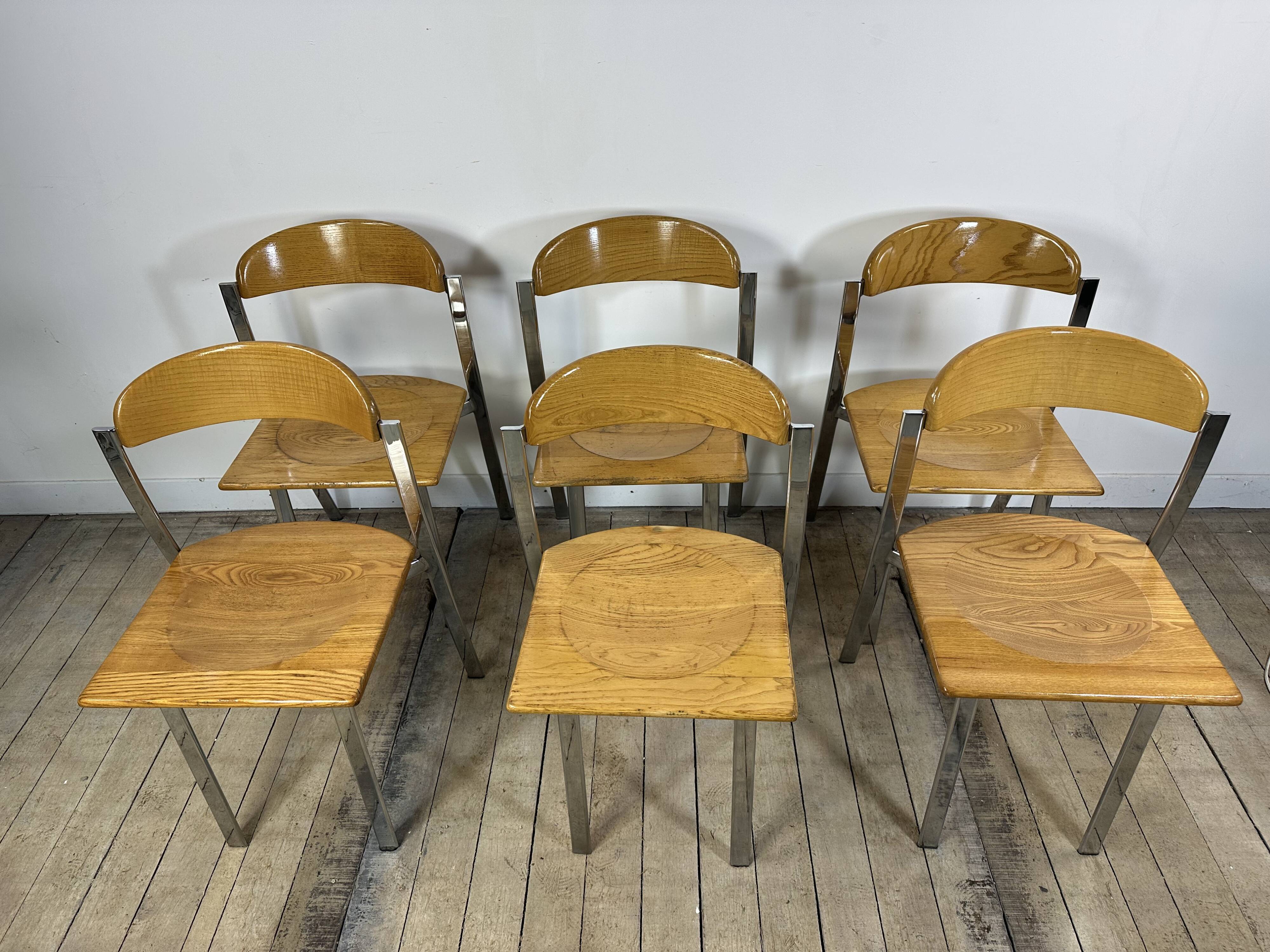 Vintage 1980s oak and chrome dining table + 6 chairs.
