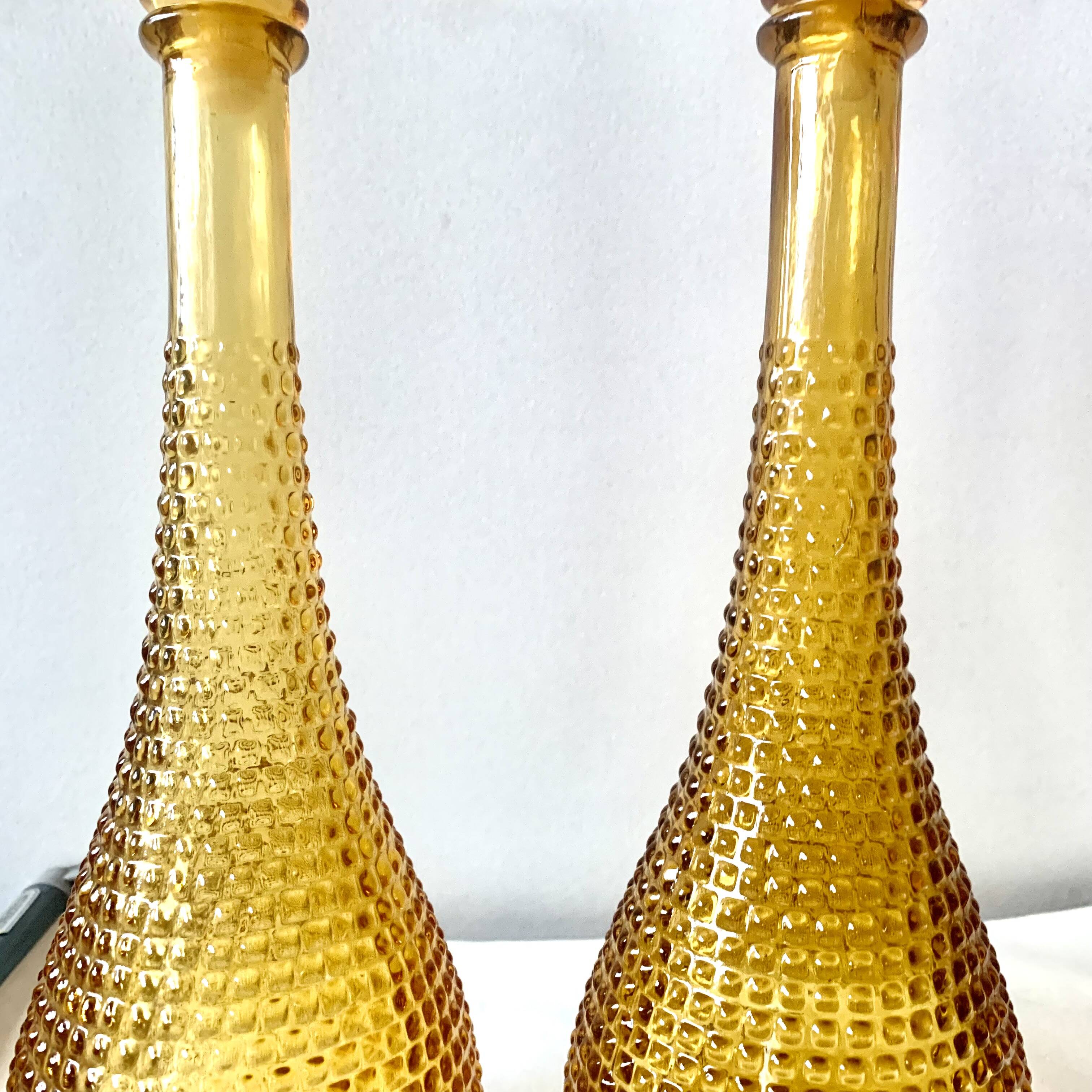 Pair of vintage amber yellow Empoli glass decanters