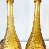 Pair of vintage amber yellow Empoli glass decanters