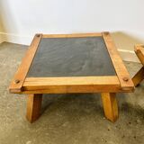 Vintage Pair of oak and slate brutalist end or coffee tables, France 1970s.