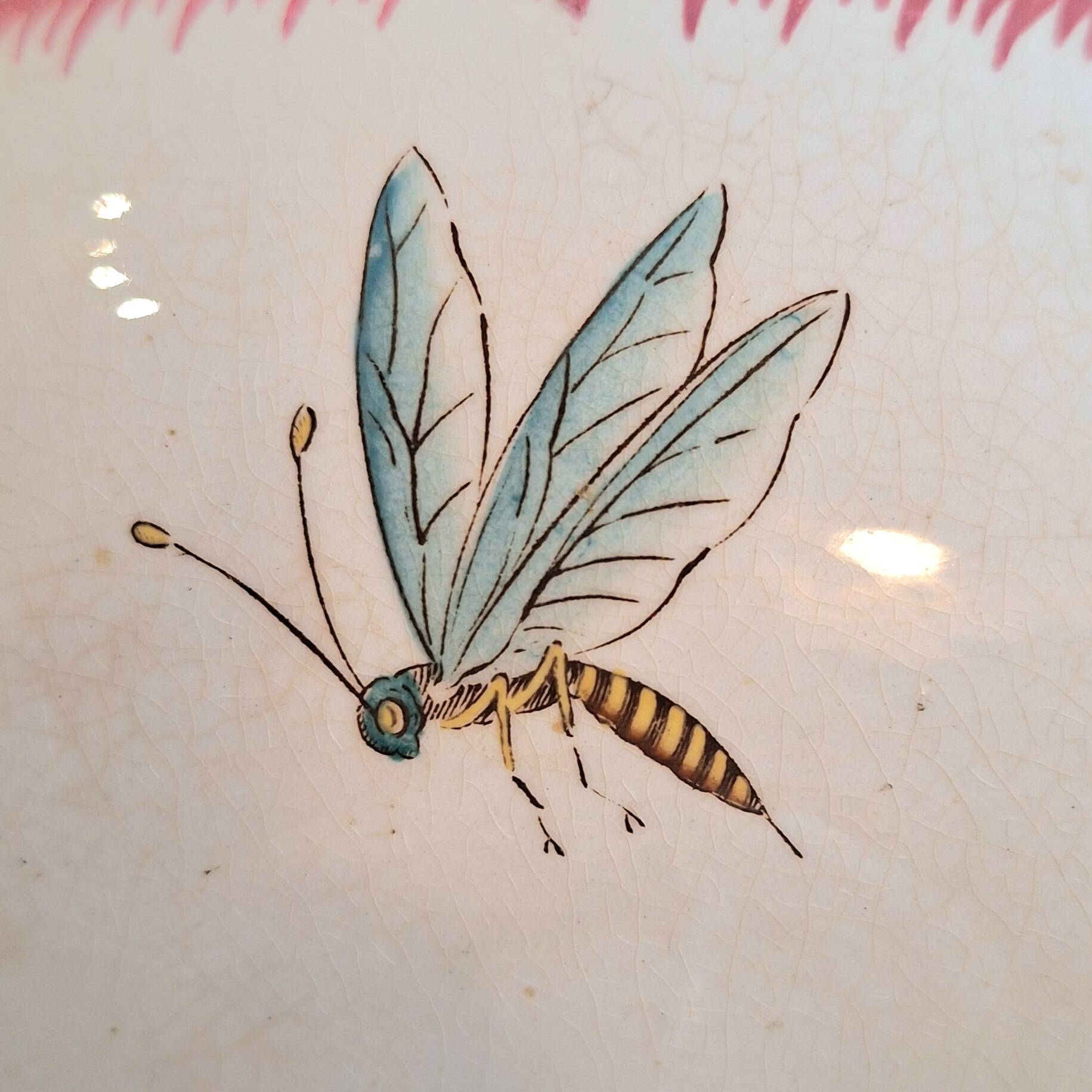 Compote dish/round bowl on foot Sarreguemines Butterfly decoration