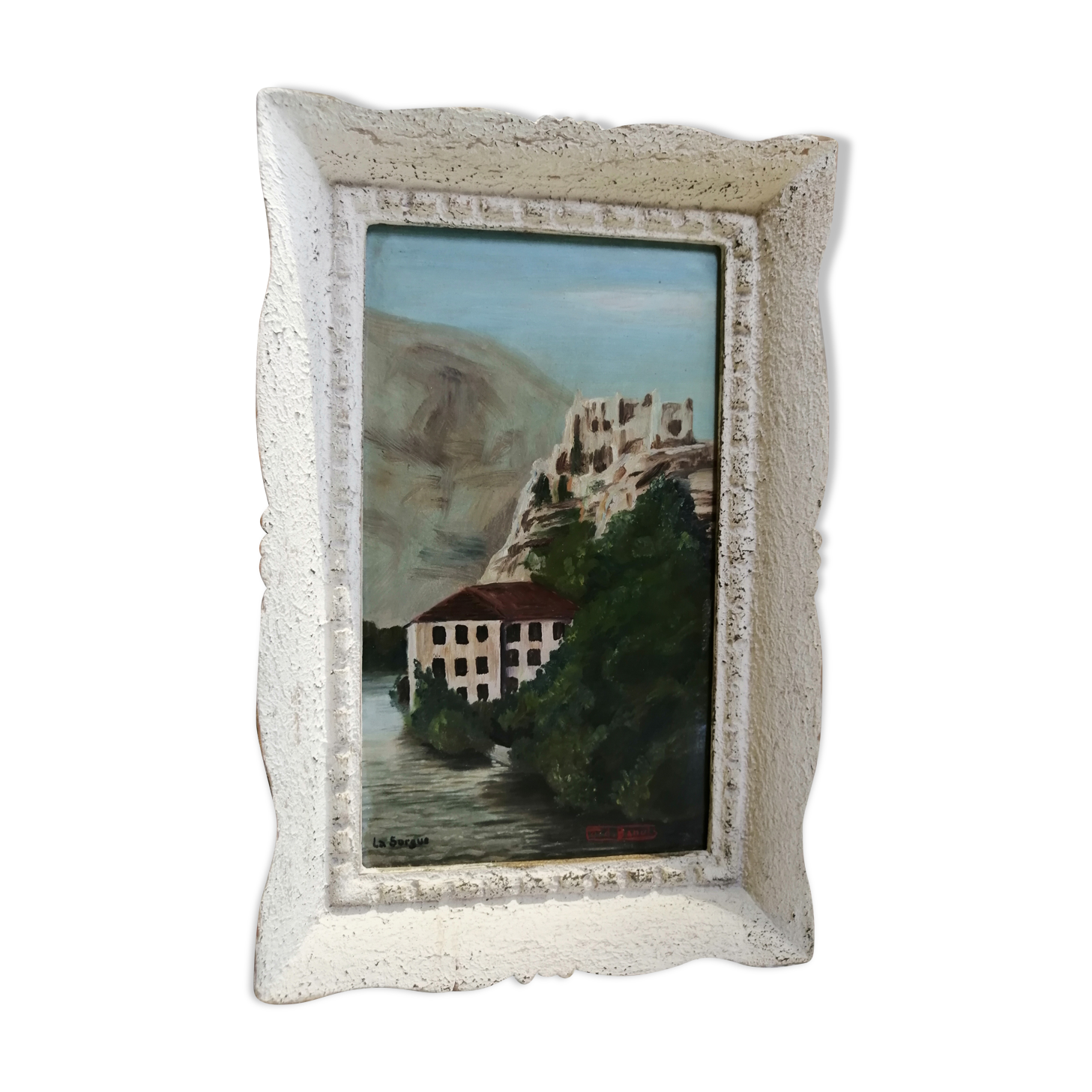 The Castle of Petrarch and the Oil Sorgues on ancient panel.