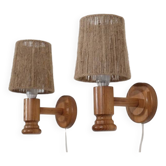 Pair of vintage wooden and rope wall lights from the 1960s