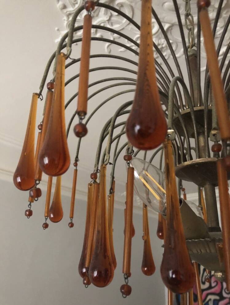 Vintage 1970s brass and Murano glass chandelier