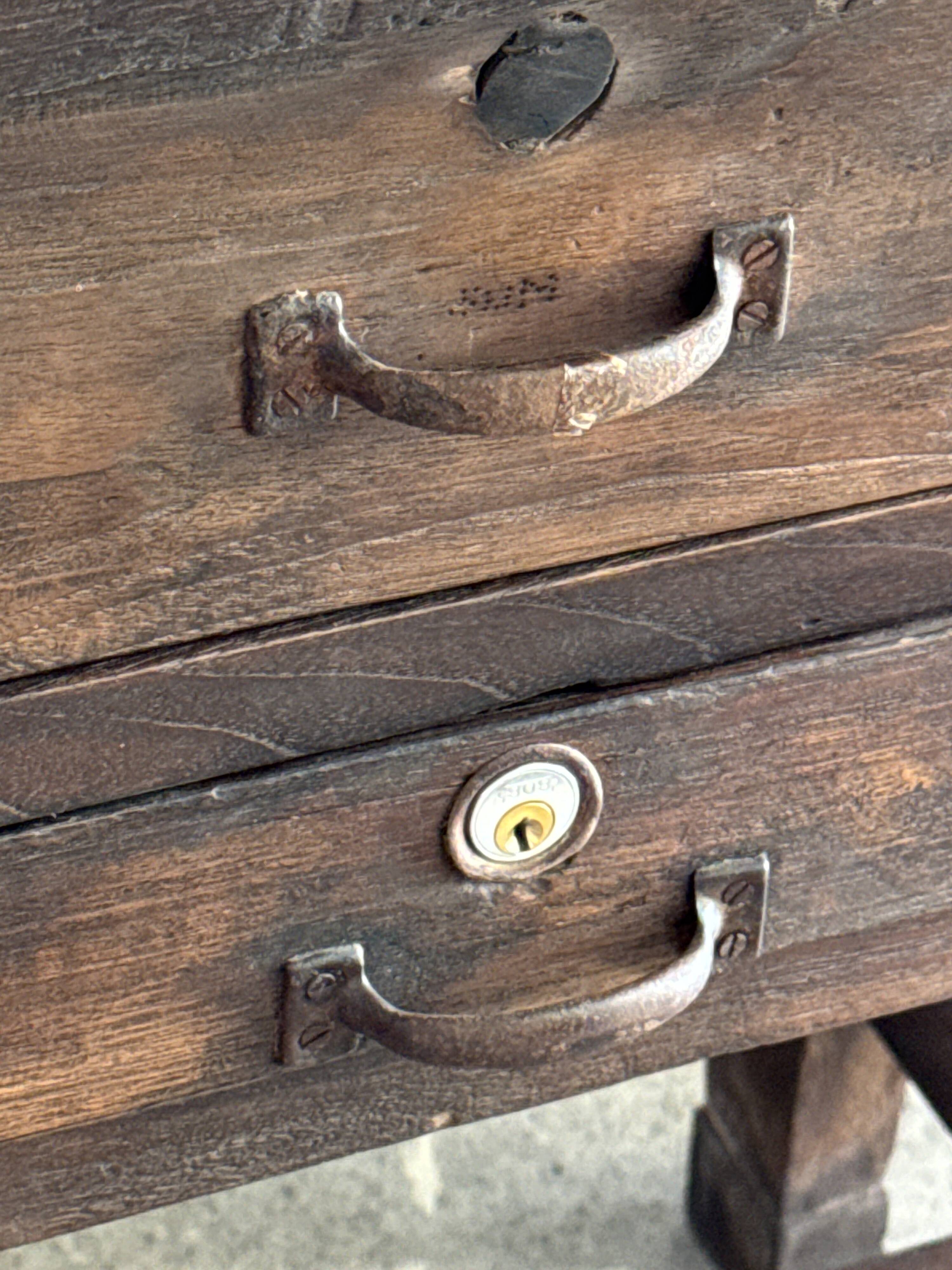 Antique Indonesian teak workbench with two drawers and stretcher H89.